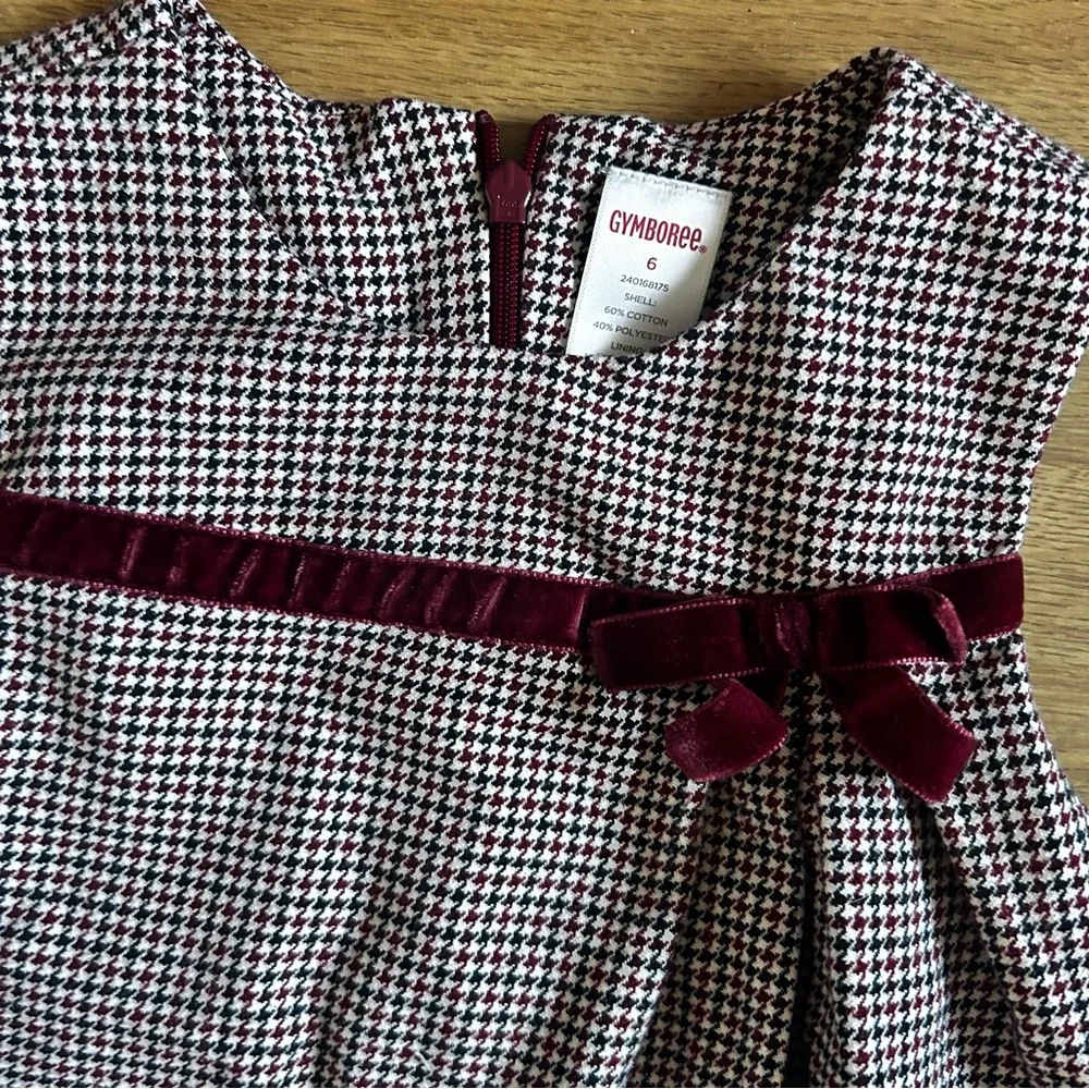 Gymboree burgundy and white Charming Checkered girls Dress with a velvet bowl